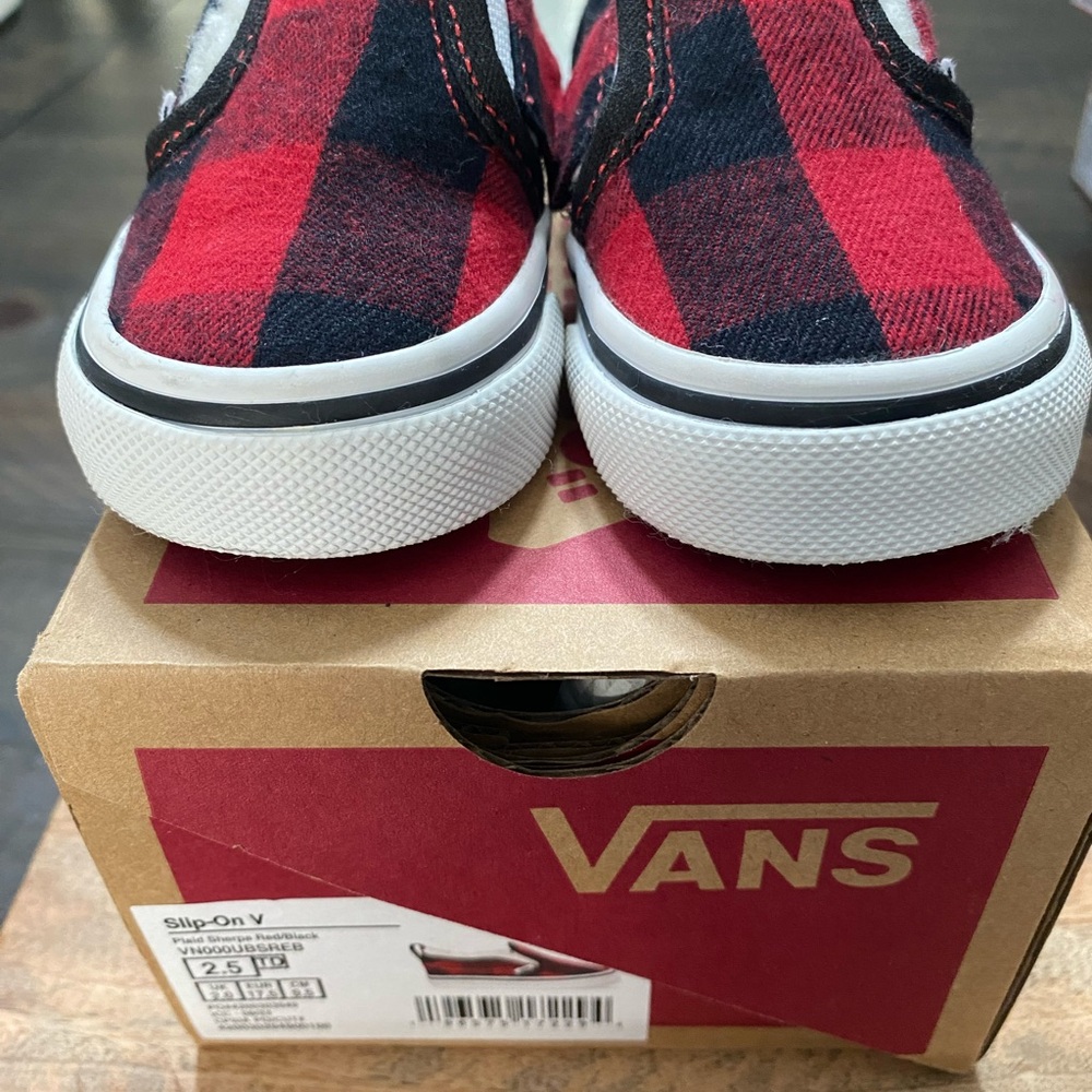 Vans Baby Toddler Red and Black Plaid Sherpa Slip-Ons
